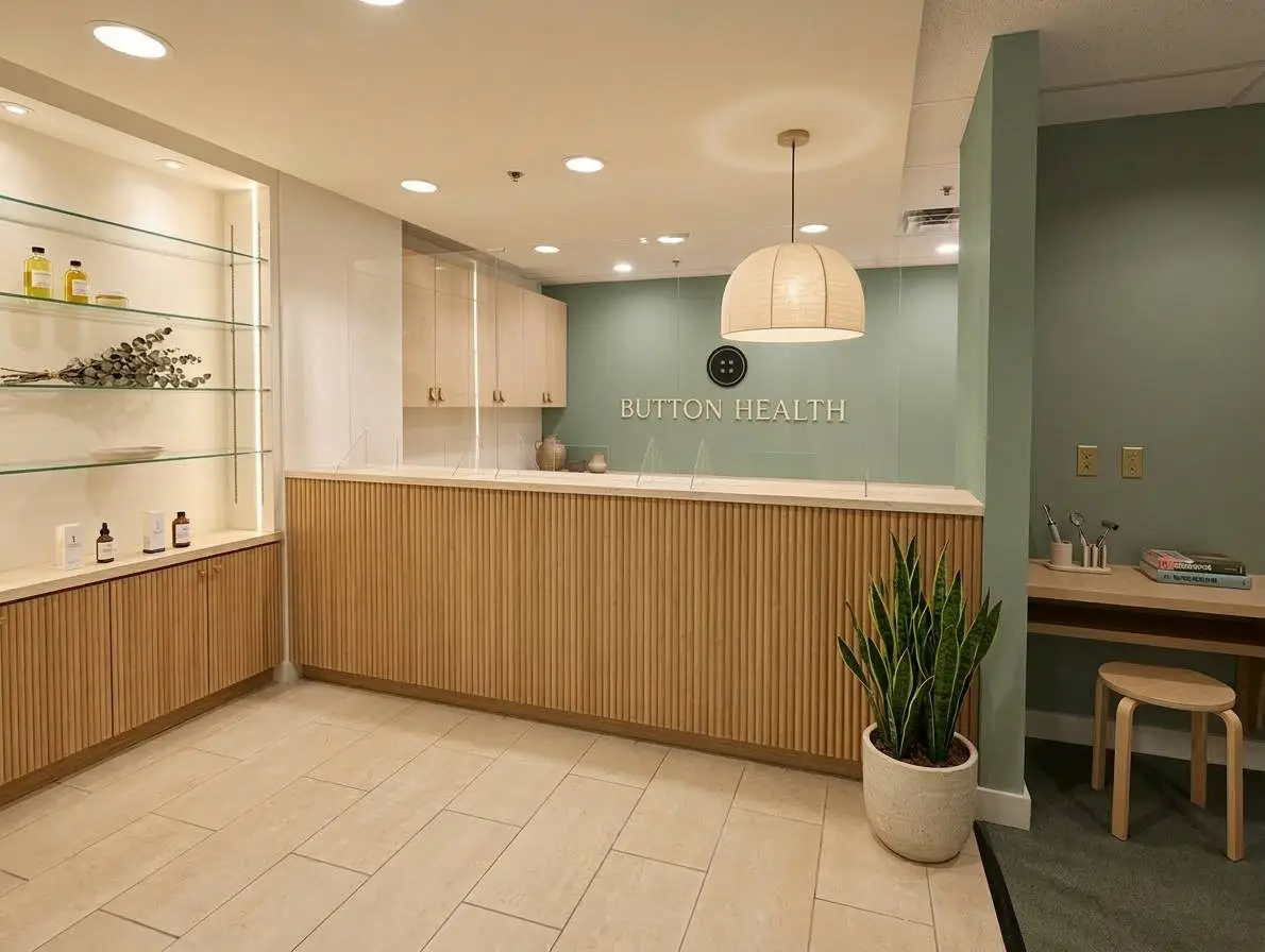A rendering of the Button Health reception and waiting area at Bay & College, Toronto