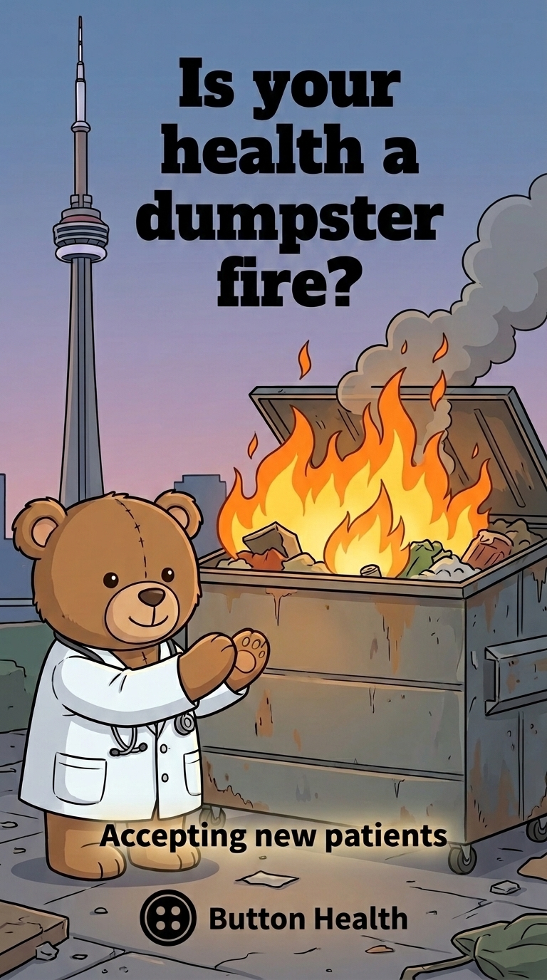 A teddy bear dressed as a doctor stands in front of a dumpster fire warming his paws, the CN Tower visible in the background