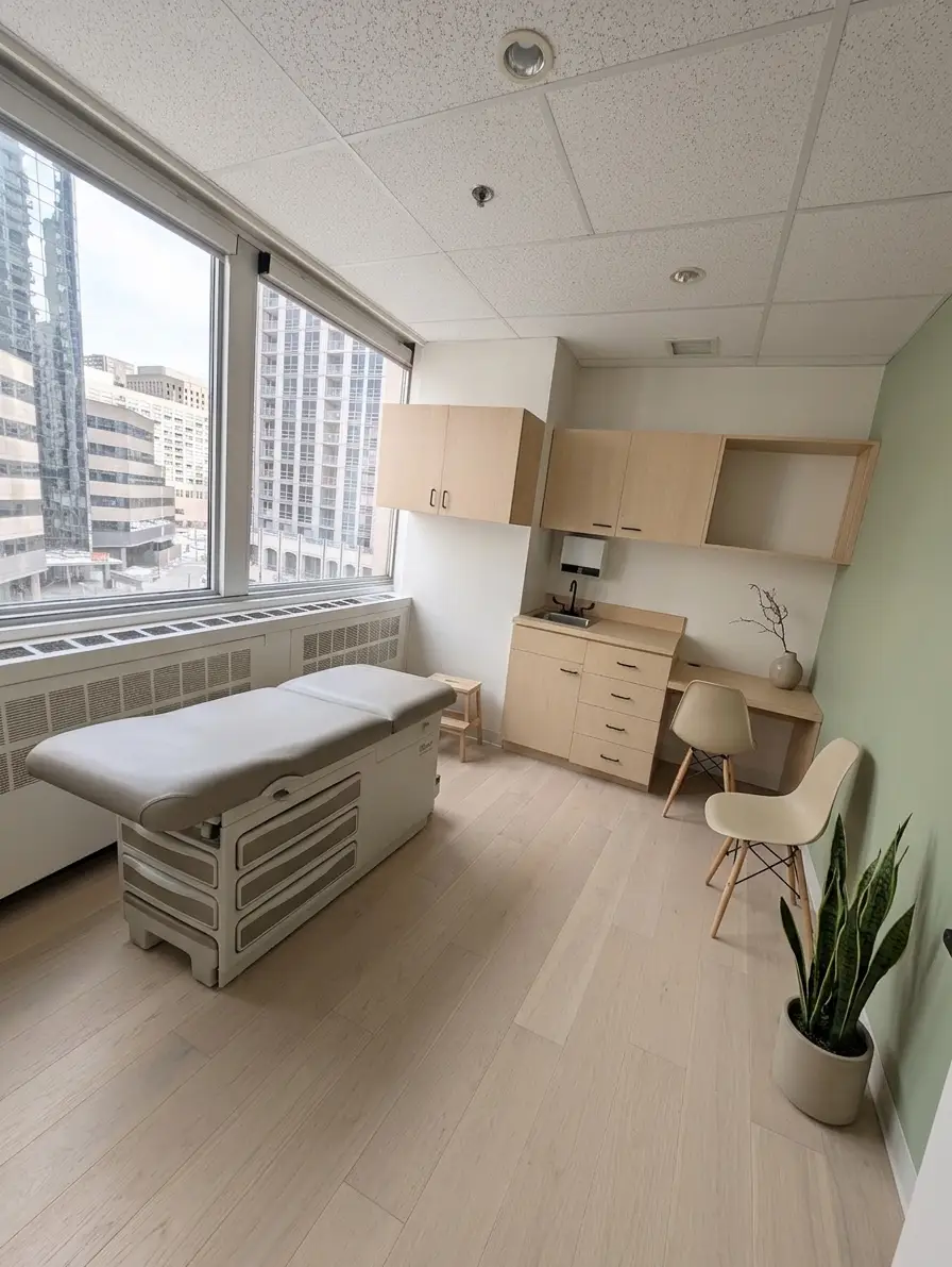 An exam room at Button Health with natural light, a treatment table, and a physician workspace