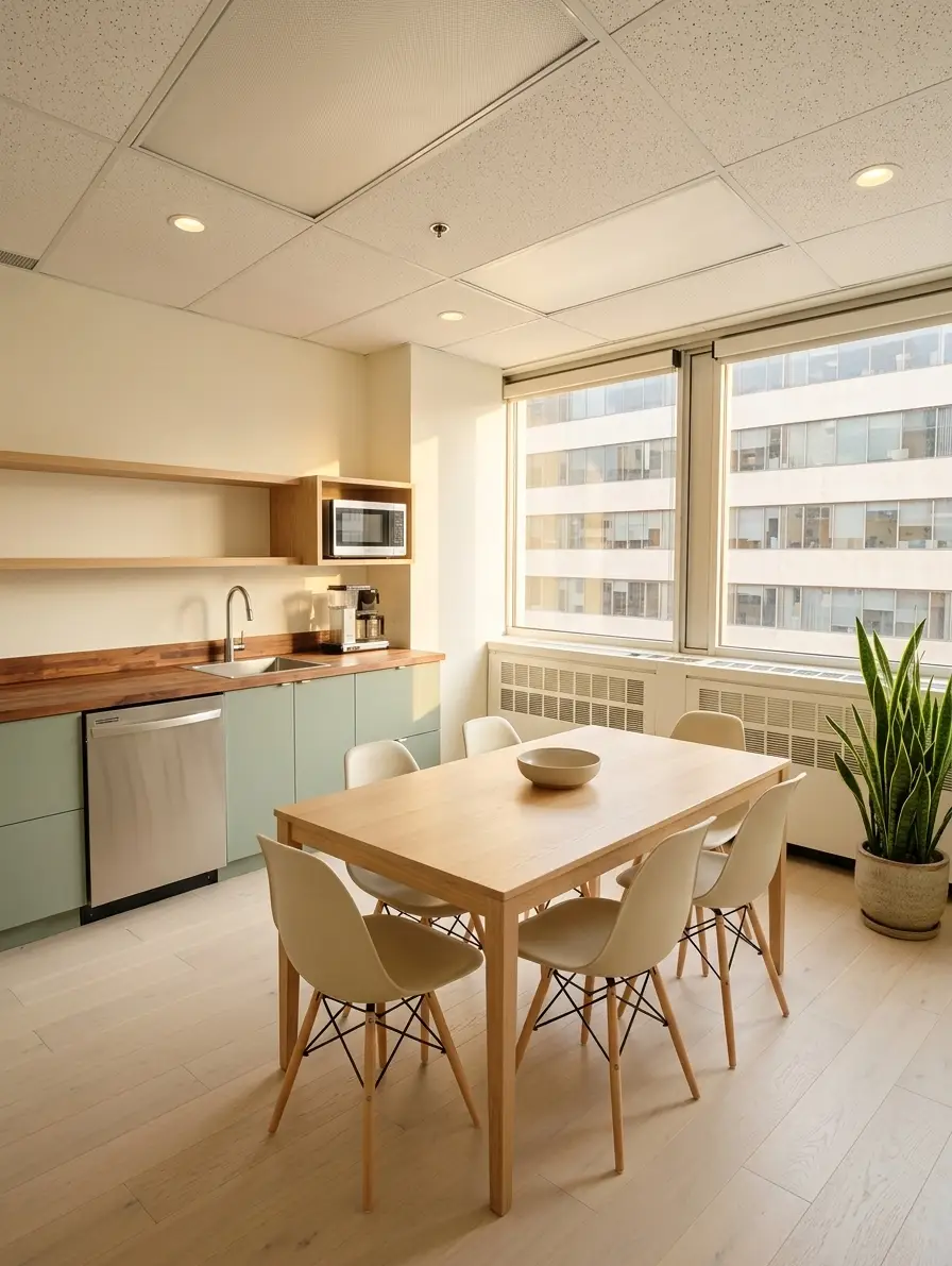 The staff lunch room at Button Health, 790 Bay Street, with white-oak floors, sage cabinets, and a butcher-block counter