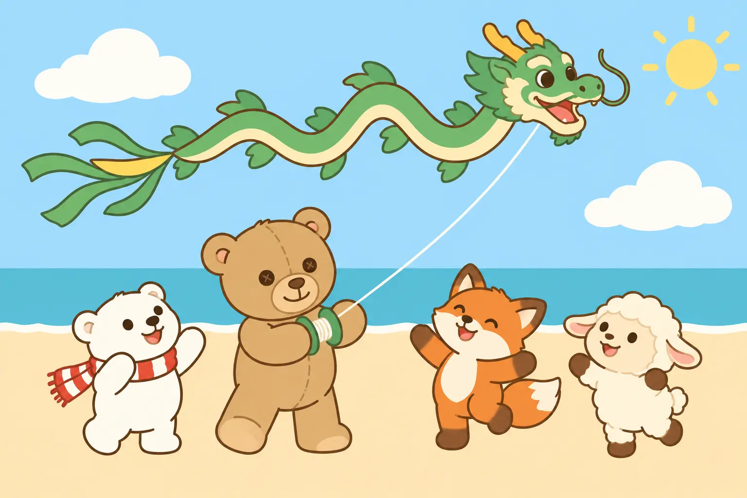 Illustration of Richard the bear flying a green dragon kite with animal friends at Cherry Beach in Toronto