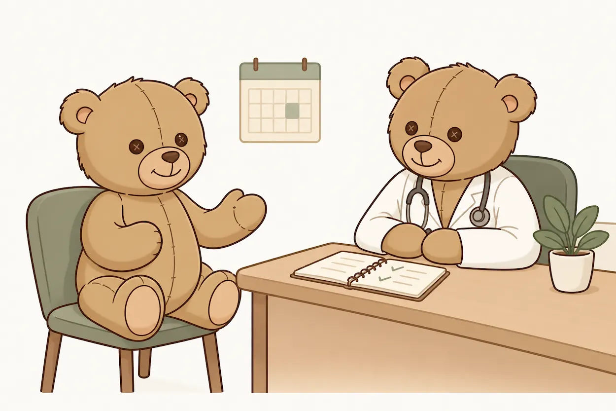 Illustration of a teddy bear talking with a family doctor bear across a desk with an open notebook