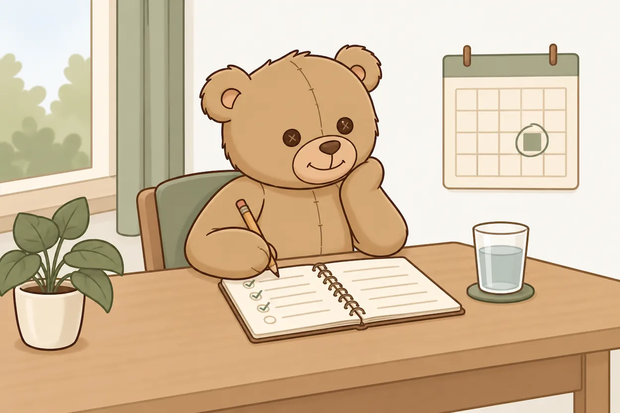 Illustration of a teddy bear reviewing a notebook checklist beside a calendar with a circled date