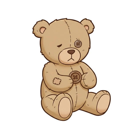 Sad teddy bear with missing button eye needing a doctor