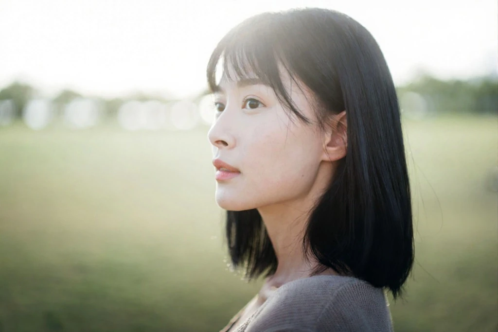 A young woman with healthy, glowing skin in soft evening sunlight in a park